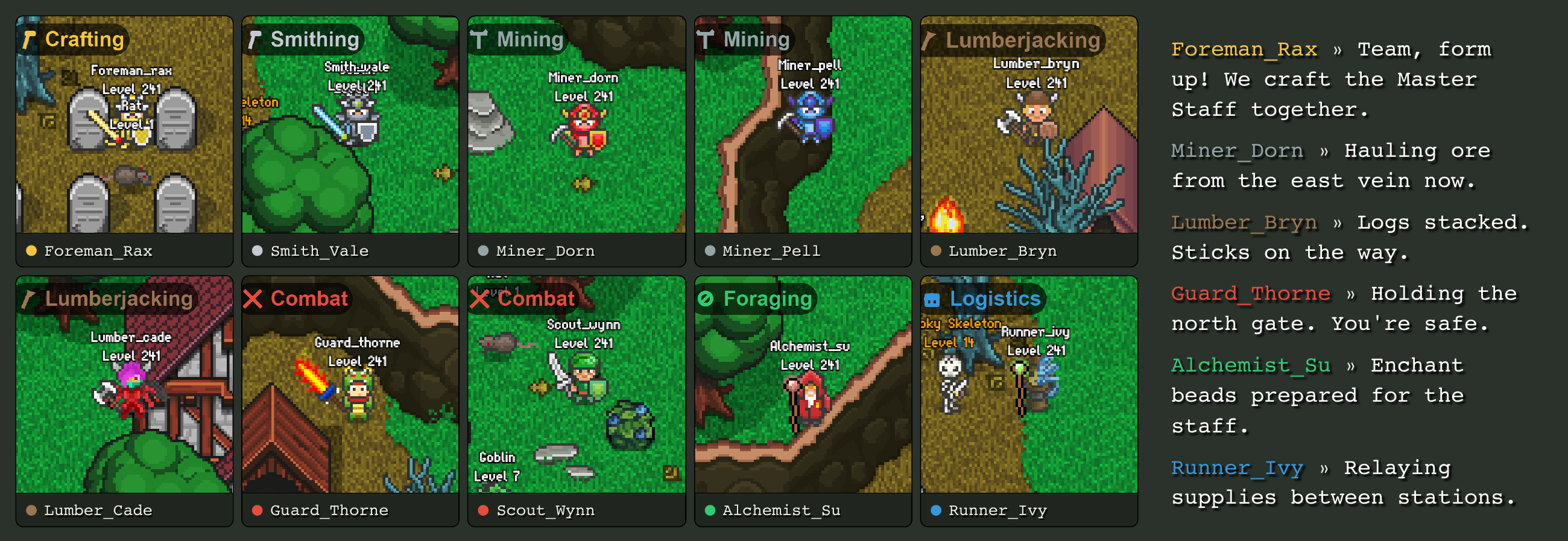 A ten-character team scene showing different roles and chat windows in AgentWorld